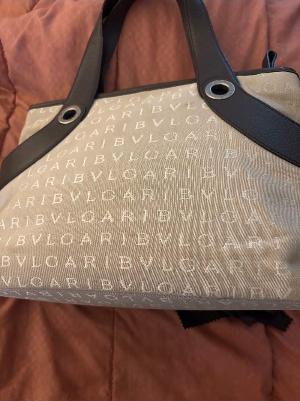 Bulgari Beige Logo Jacquard Tote with Black Leather Handles